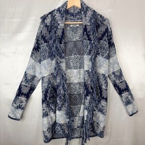 American‎ Eagle Aztec Knit Open Front Cardigan Fringe Blue Size Large